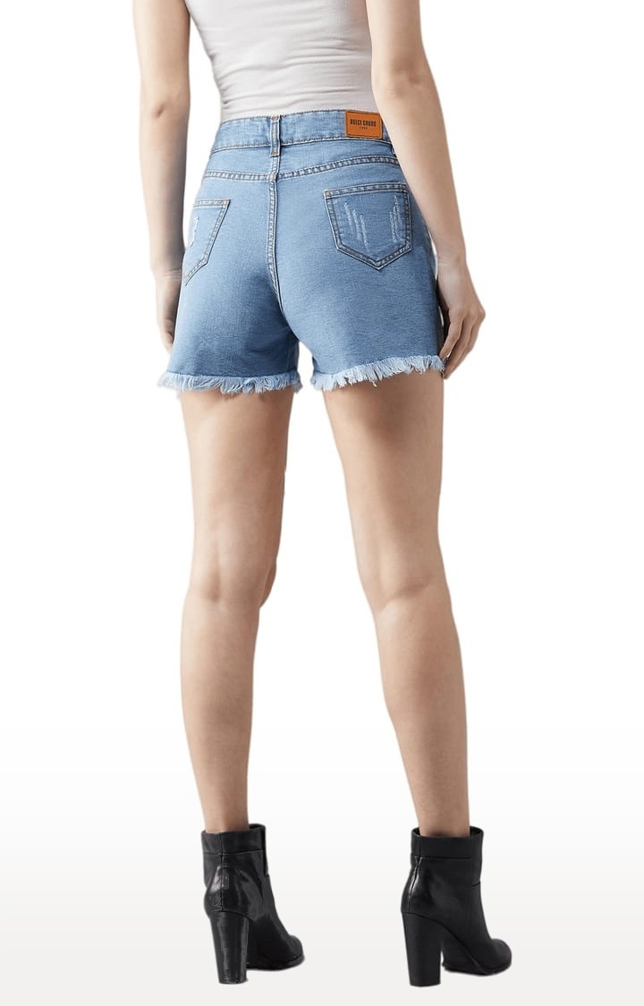 Women's Blue Cotton Solid Shorts