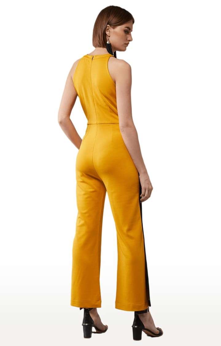 Women's Mustard & Black Cotton Solid Jumpsuits