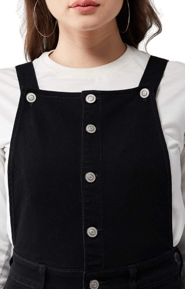 Women's Black  Cotton Solid Dungarees