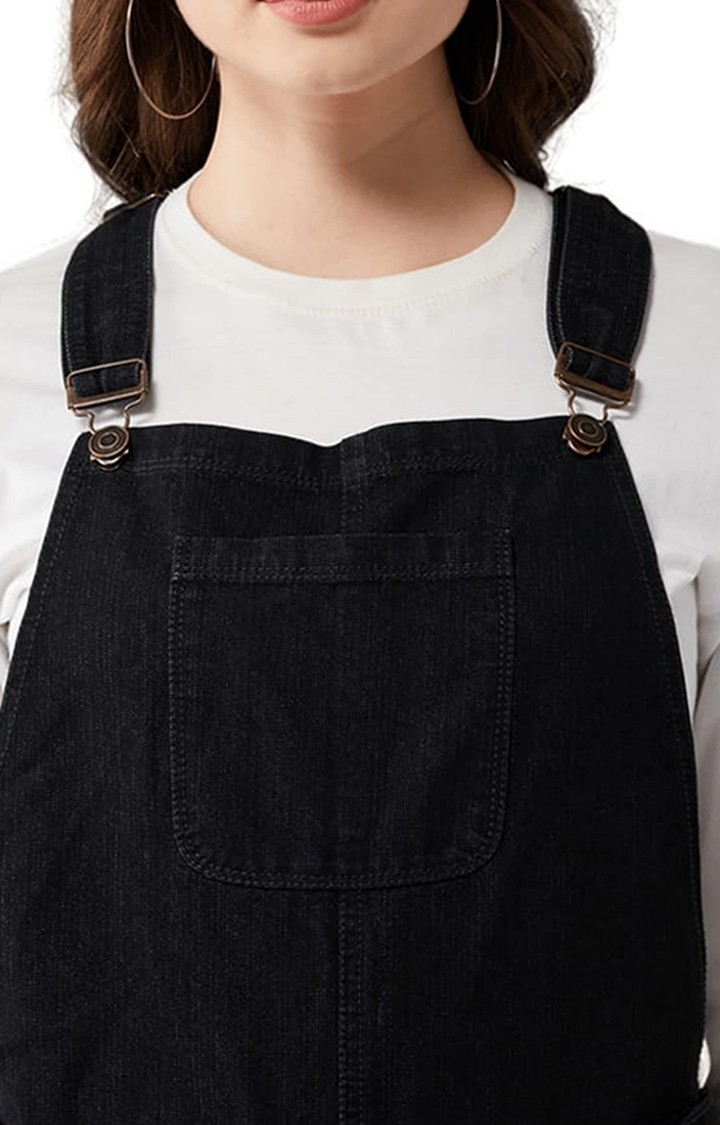 Women's Black  Cotton Solid Dungarees