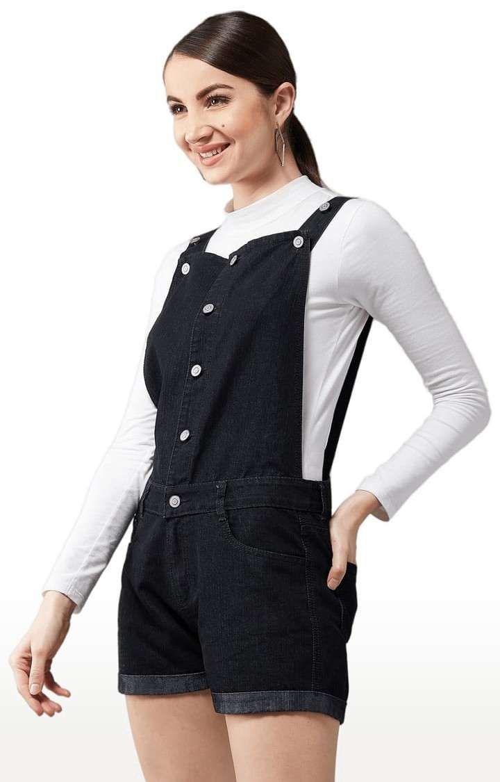 Women's Black Cotton Solid Dungaree