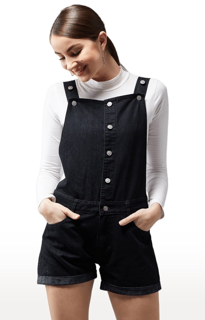 Women's Black Cotton Solid Dungaree