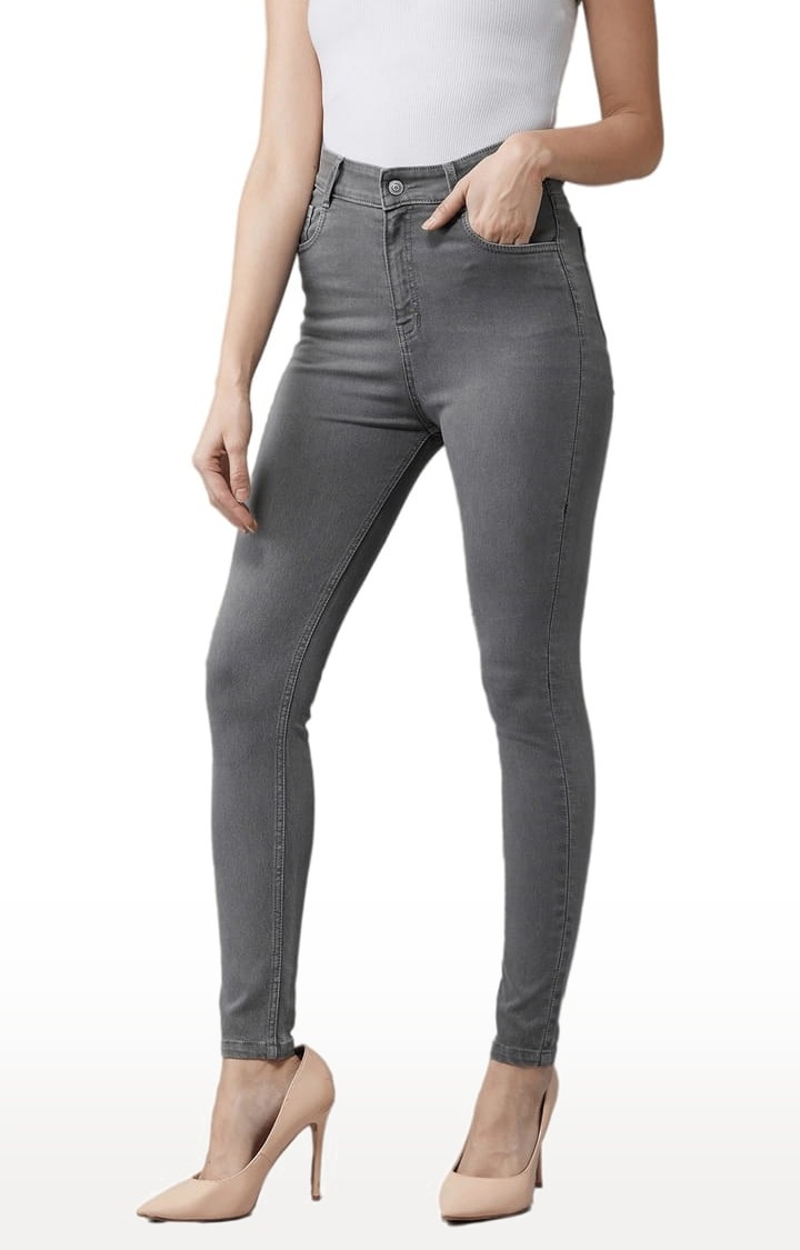 Women's Grey Cotton Solid Skinny Jeans