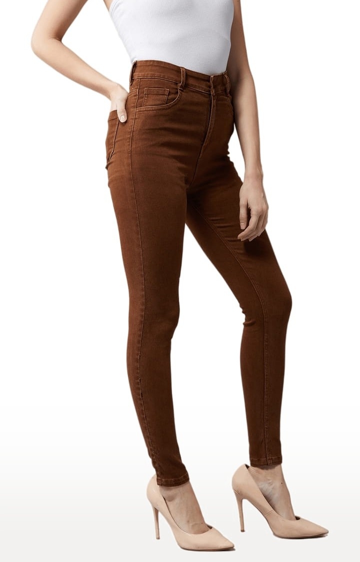 Women's Brown Cotton Solid Skinny Jeans