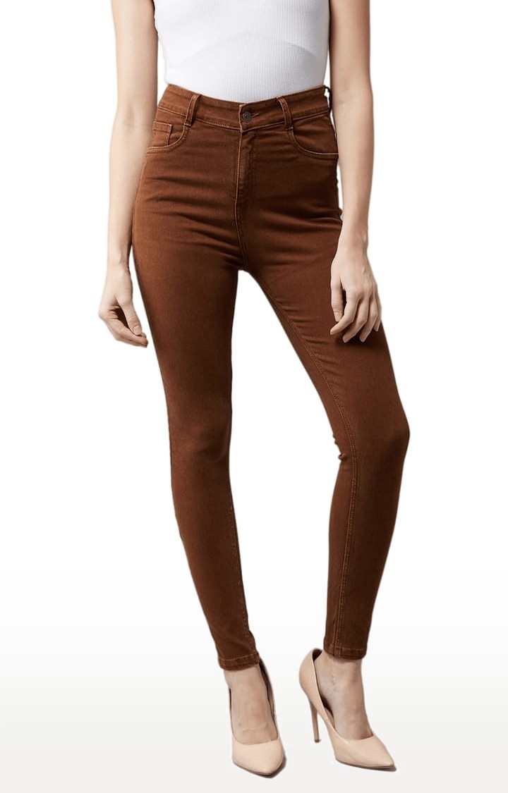 Dolce Crudo | Women's Brown Cotton Solid Skinny Jeans 0