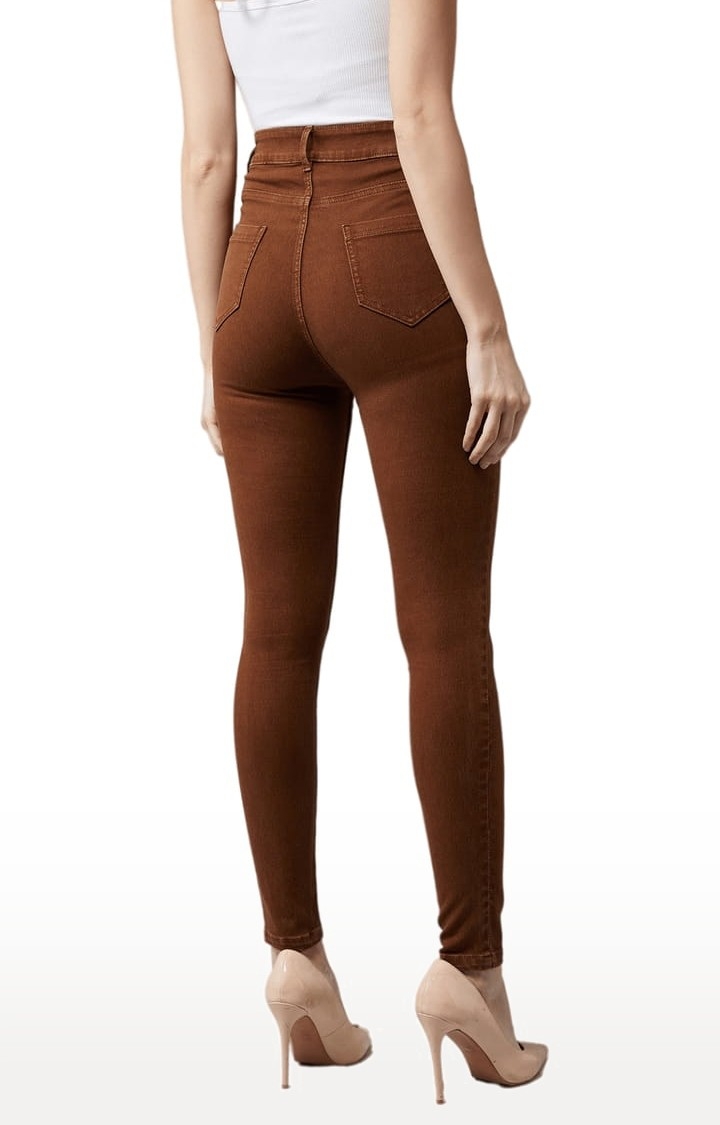 Women's Brown Cotton Solid Skinny Jeans