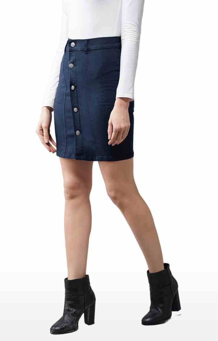 Women's Navy Blue Cotton Solid Skirt