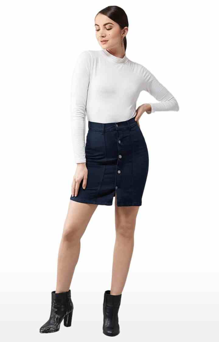 Women's Navy Blue Cotton Solid Skirt