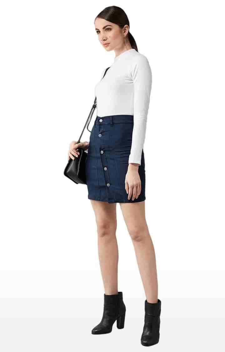 Women's Navy Blue Cotton Solid Skirt