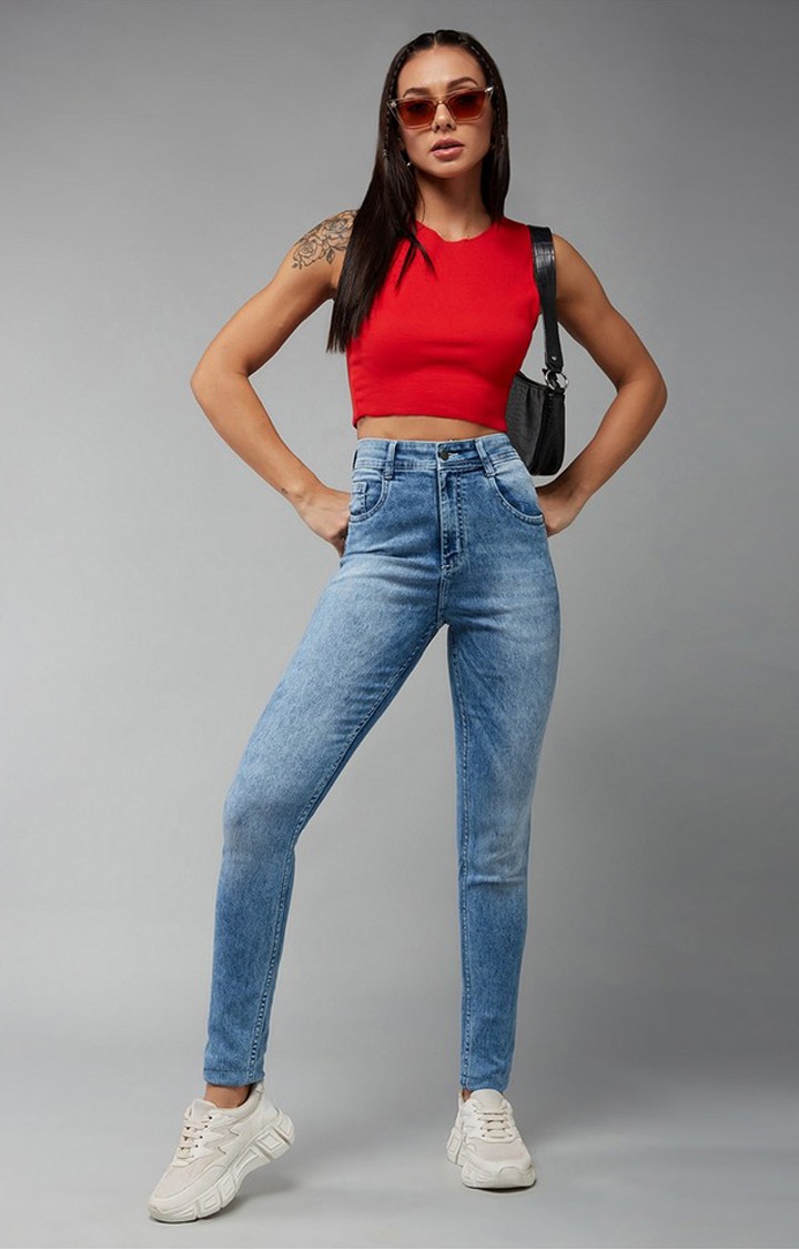 Women's Light Blue Slim Fit High Rise Regular Length Light Wash Denim Stretchable Jeans