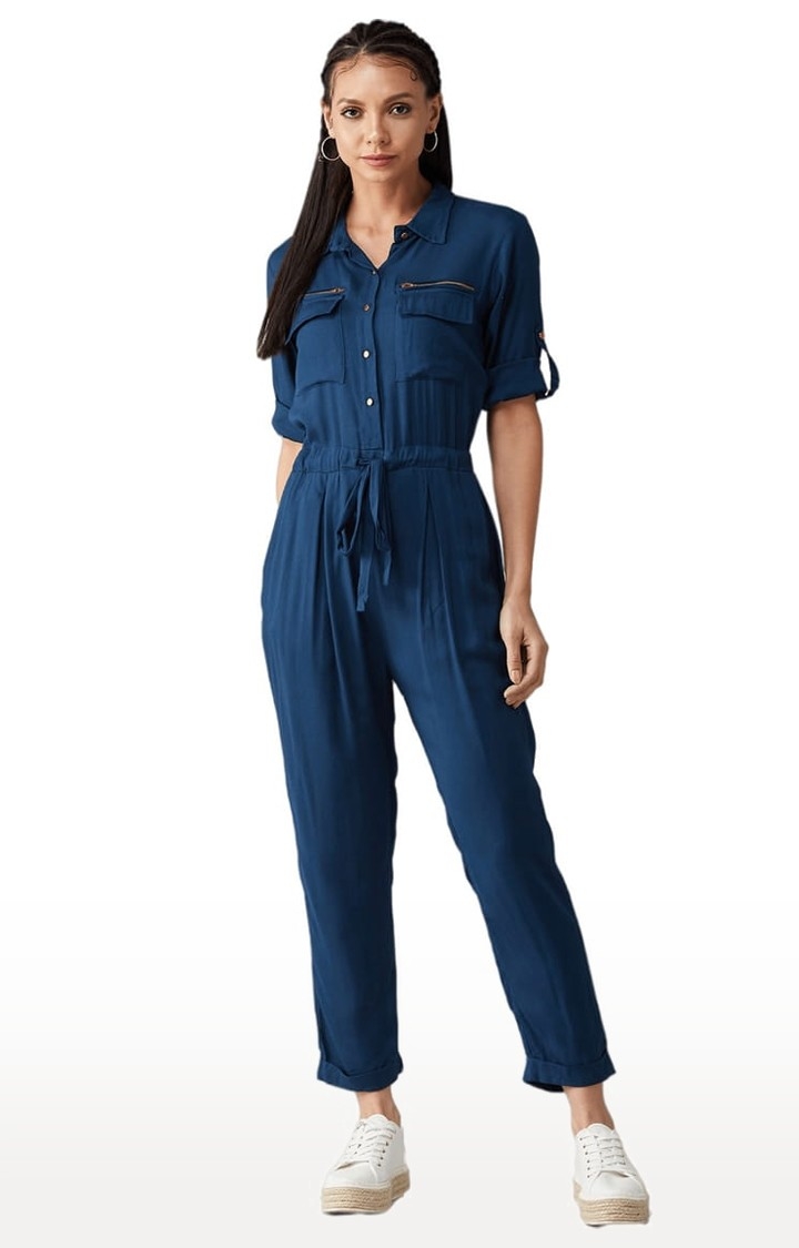Dolce Crudo | Women's Teal Blue Cotton Solid Jumpsuits