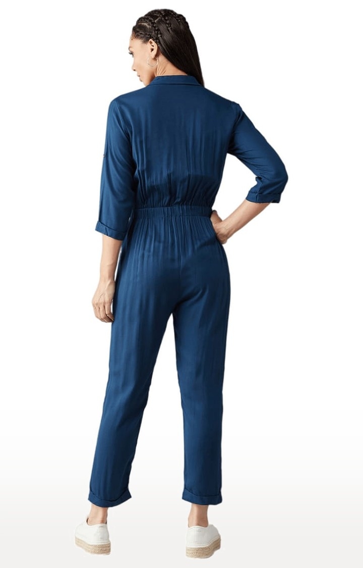 Women's Teal Blue Cotton Solid Jumpsuits