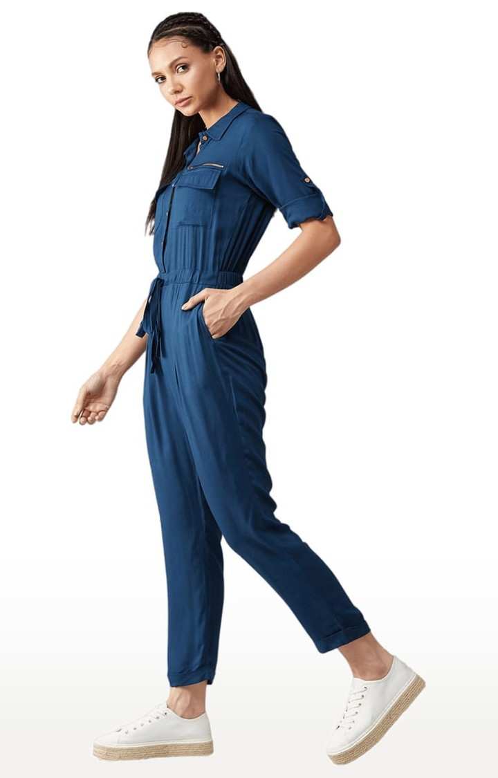 Women's Teal Blue Cotton Solid Jumpsuits