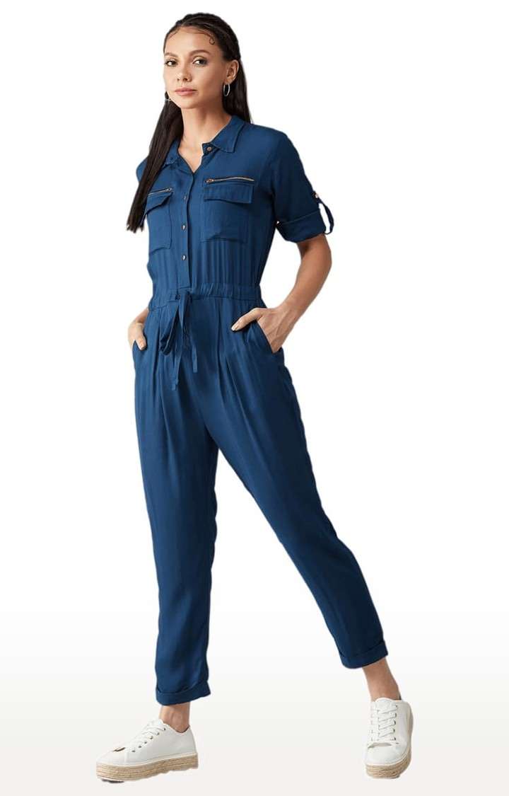 Women's Teal Blue Cotton Solid Jumpsuits