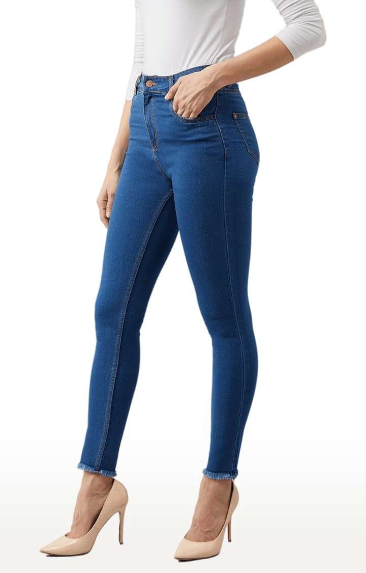 Women's Blue Cotton Solid Skinny Jeans