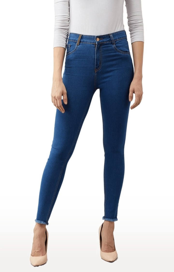 Women Solid Light Blue Mid Rise Skinny Jeans