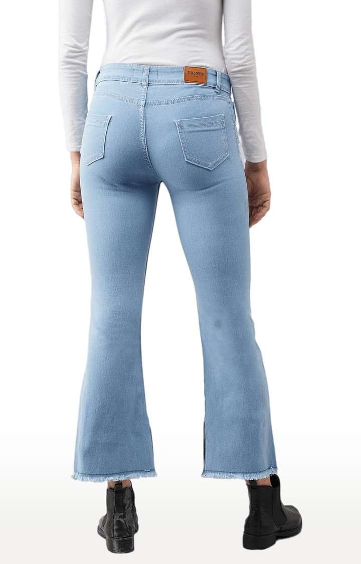 Women's Blue Cotton Solid Flared Jeans