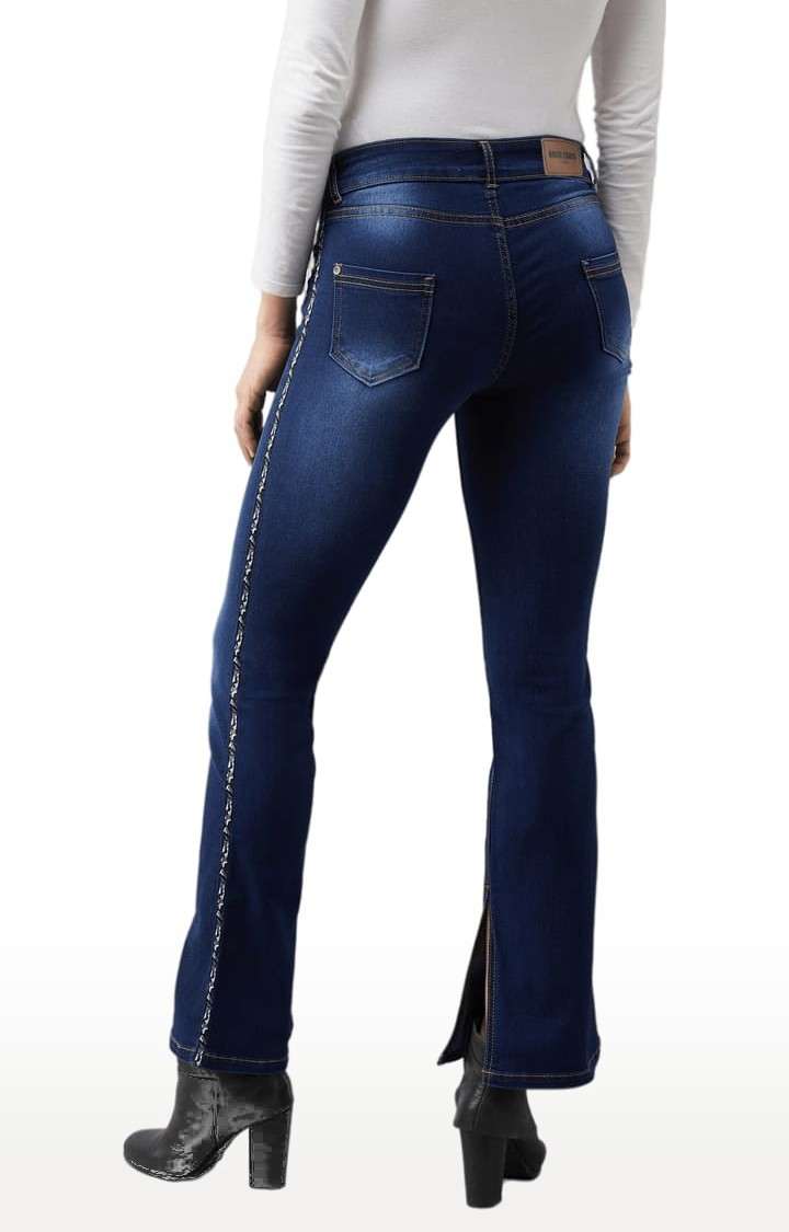 Women's Blue Cotton Solid Flared Jeans