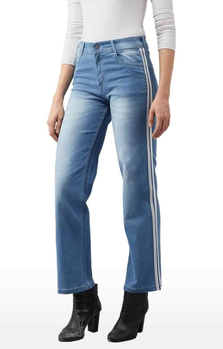 Women's Blue Cotton Solid Flared Jeans