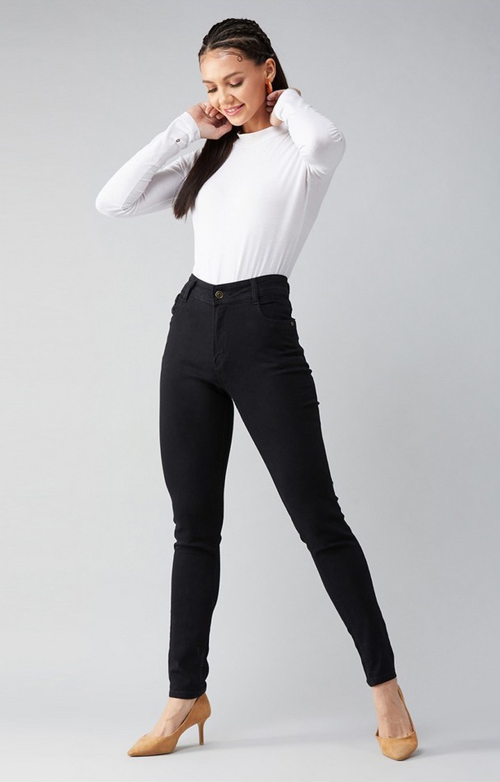 Women's Black Slim Fit High Rise Clean Look Acid Wash Regular Length Stretchable Denim Jeans