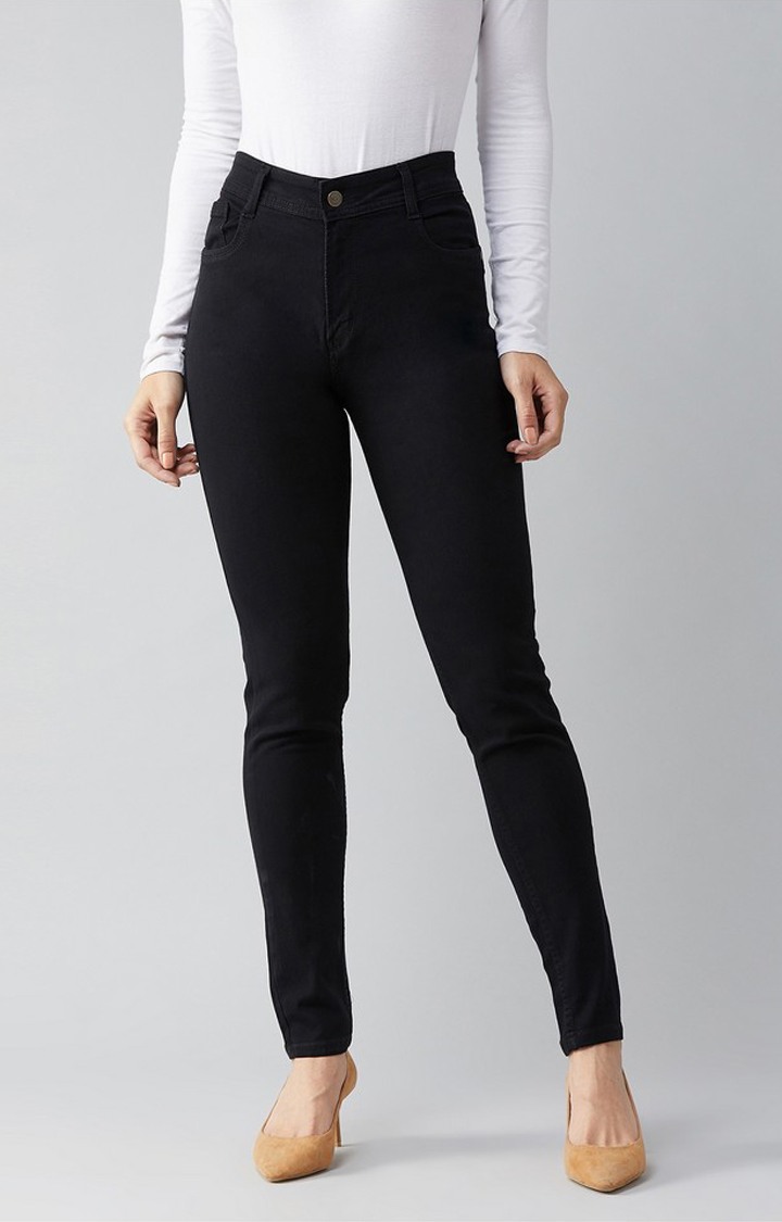 Women's Black Slim Fit High Rise Clean Look Acid Wash Regular Length Stretchable Denim Jeans