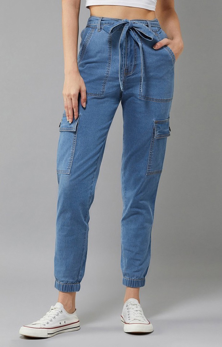Women's Blue Regular High rise Clean look Regular Stretchable Denim Joggers