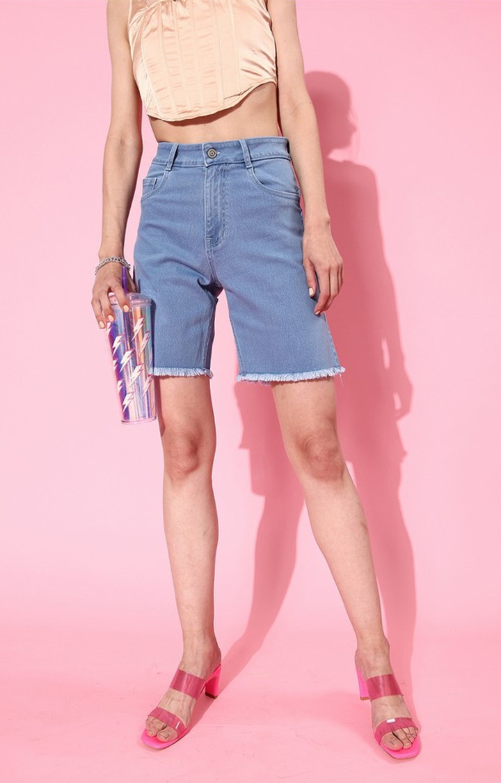 Women's Light Blue Regular High Rise Clean Look Above Knee Stretchable Denim Shorts