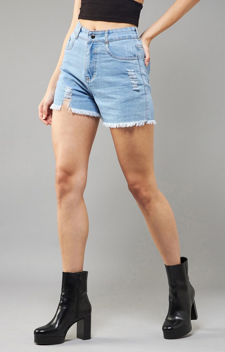 Women's Blue Relaxed Mid Rise High Distress Regular Non Stretchable Denim Shorts