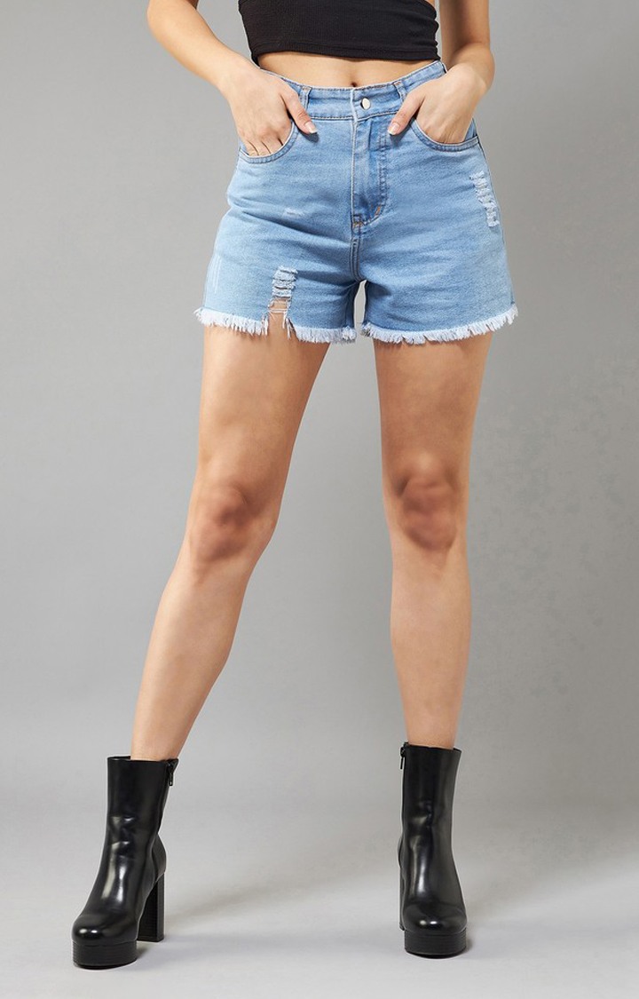 Women's Blue Relaxed Mid Rise High Distress Regular Non Stretchable Denim Shorts