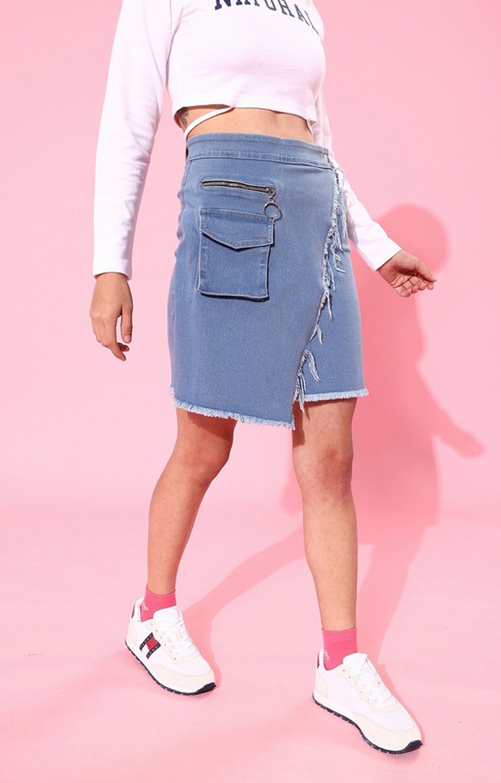 Women's Light Blue Regular High rise Clean look Above Knee Stretchable Denim Skirt