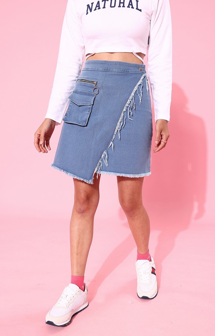Dolce Crudo | Women's Light Blue Regular High rise Clean look Above Knee Stretchable Denim Skirt