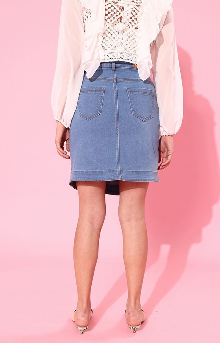 Women's Light Blue Regular High rise Clean look Above Knee Stretchable Denim Skirt