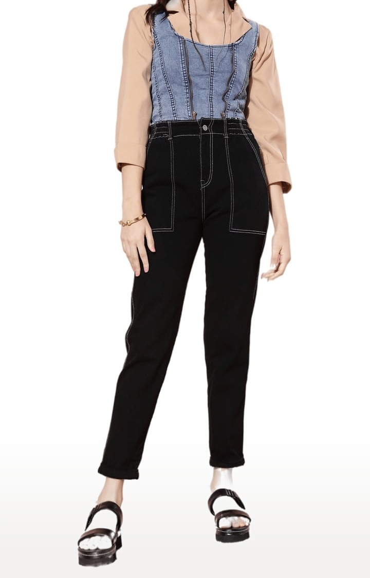 Women's Black Cotton Solid Joggers Jeans