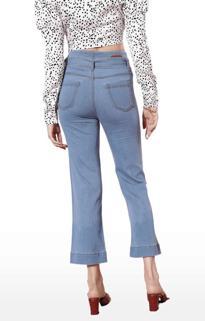 Women's Blue Cotton Solid Flared Jeans