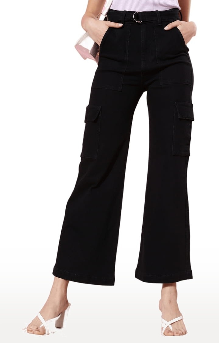 Women's Black Cotton Solid Flared Jeans