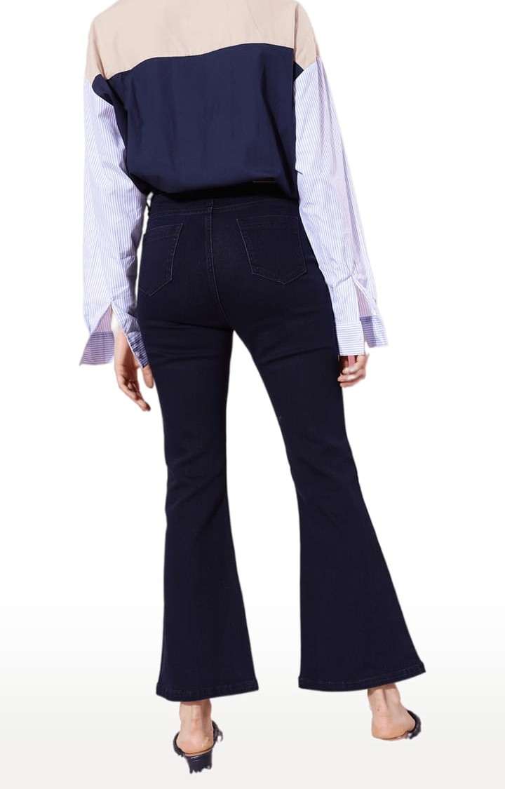 Women's Blue Cotton Solid Flared Jeans