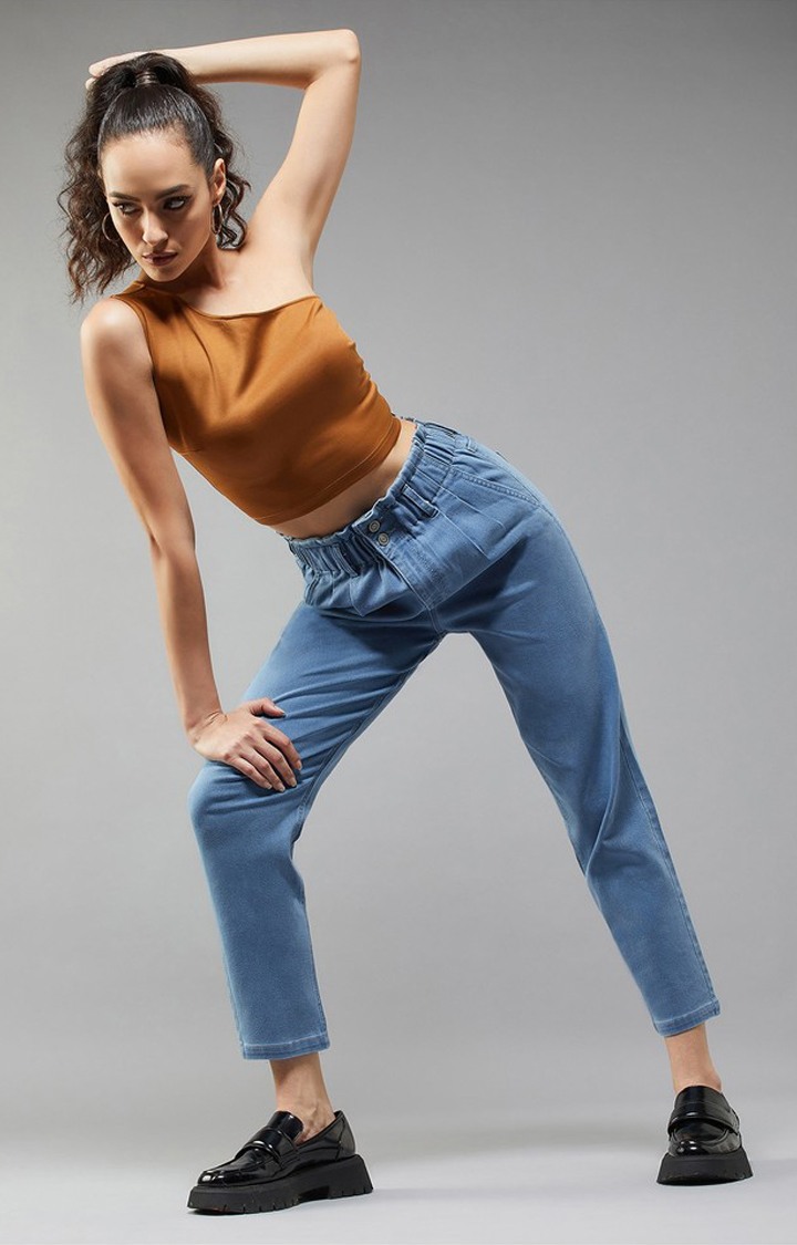 Women's Blue Tapered Fit High Rise Clean Look Regular Stretchable Denim Jeans
