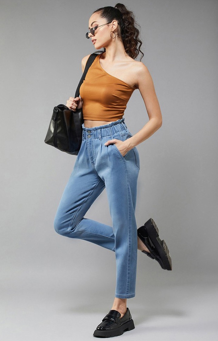 Women's Blue Tapered Fit High Rise Clean Look Regular Stretchable Denim Jeans