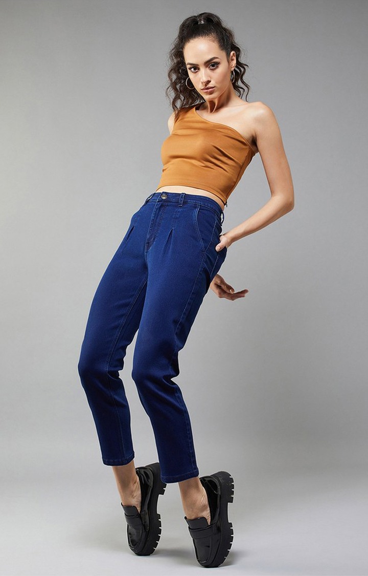 Women's Navy Blue Tapered Fit High Rise Clean Look Regular Stretchable Denim Jeans