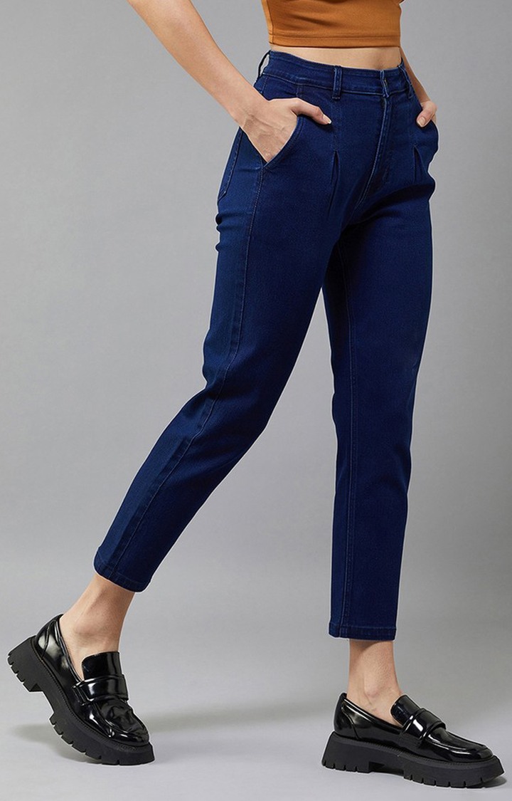 Women's Navy Blue Tapered Fit High Rise Clean Look Regular Stretchable Denim Jeans