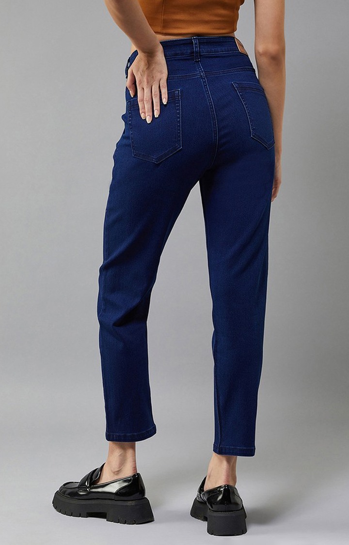 Women's Navy Blue Tapered Fit High Rise Clean Look Regular Stretchable Denim Jeans