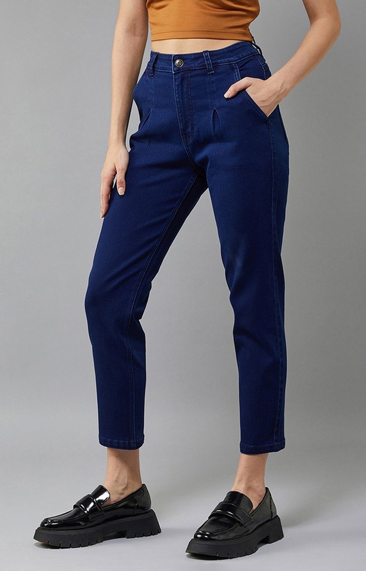 Women's Navy Blue Tapered Fit High Rise Clean Look Regular Stretchable Denim Jeans