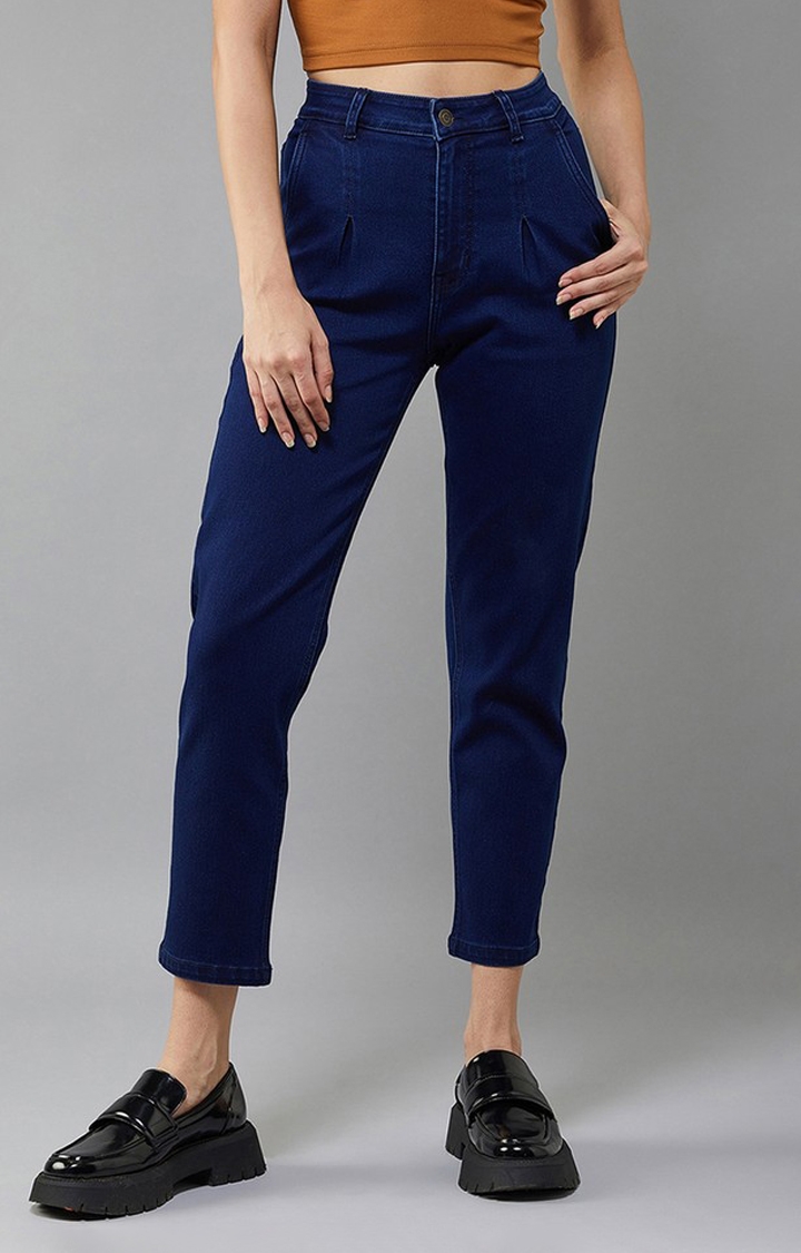 Dolce Crudo | Women's Navy Blue Tapered Fit High Rise Clean Look Regular Stretchable Denim Jeans
