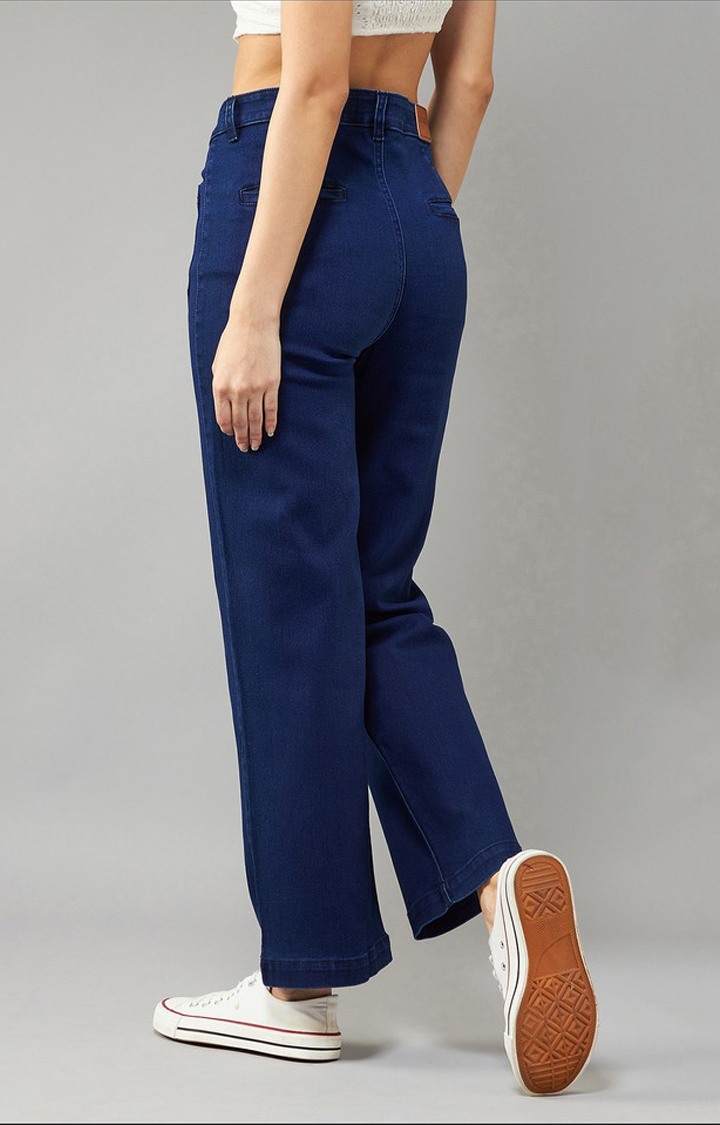 Women's Navy Blue flared High Rise Clean Look Regular Stretchable Denim Jeans