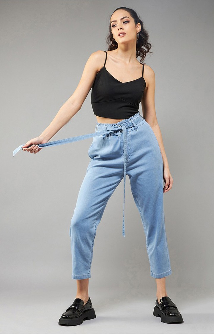 Women's Light Blue Paperbag High Rise Clean Look Regular Stretchable Denim Jeans