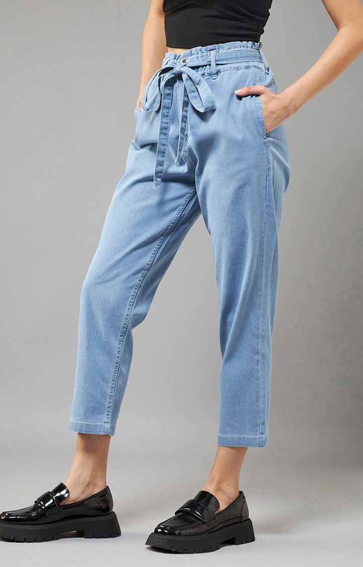 Women's Light Blue Paperbag High Rise Clean Look Regular Stretchable Denim Jeans