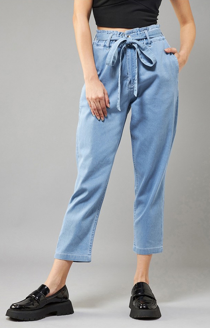 Dolce Crudo | Women's Light Blue Paperbag High Rise Clean Look Regular Stretchable Denim Jeans