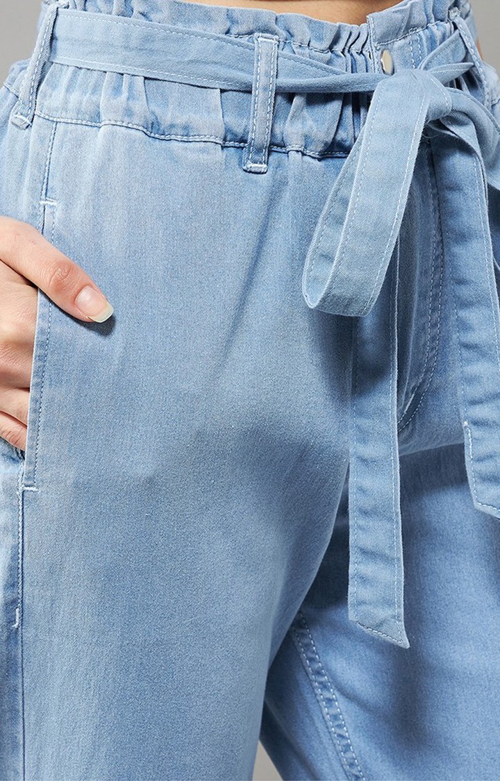 Women's Light Blue Paperbag High Rise Clean Look Regular Stretchable Denim Jeans