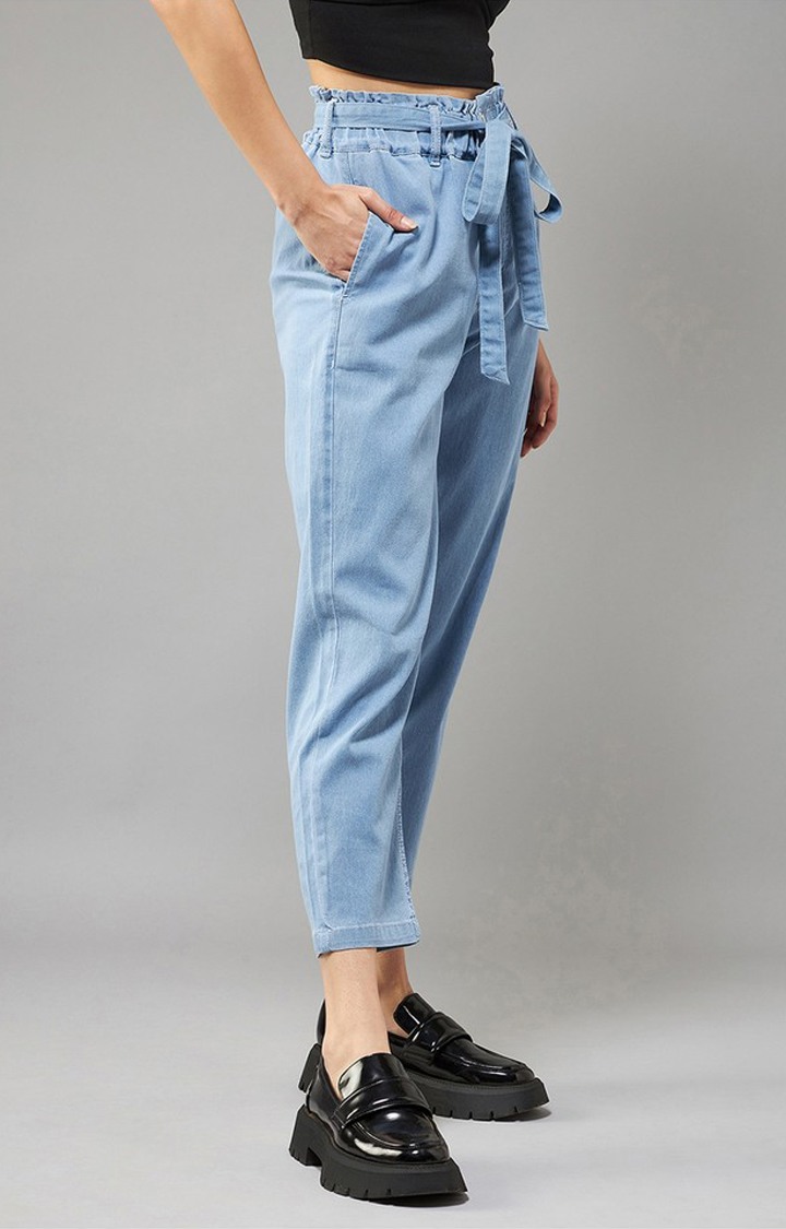 Women's Light Blue Paperbag High Rise Clean Look Regular Stretchable Denim Jeans