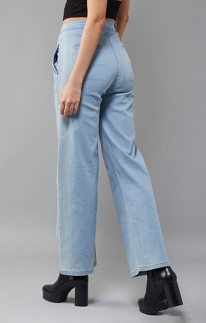 Women's Light Blue Wide-Leg High Rise Clean Look Regular Stretchable Denim Jeans